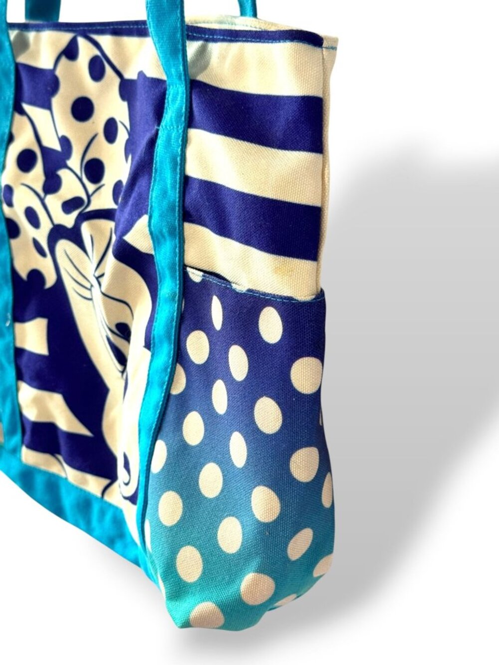 Disney Minnie Mouse Tote Bag Canvas Polka Dot & Striped Print Blue/White - Picture 4 of 11